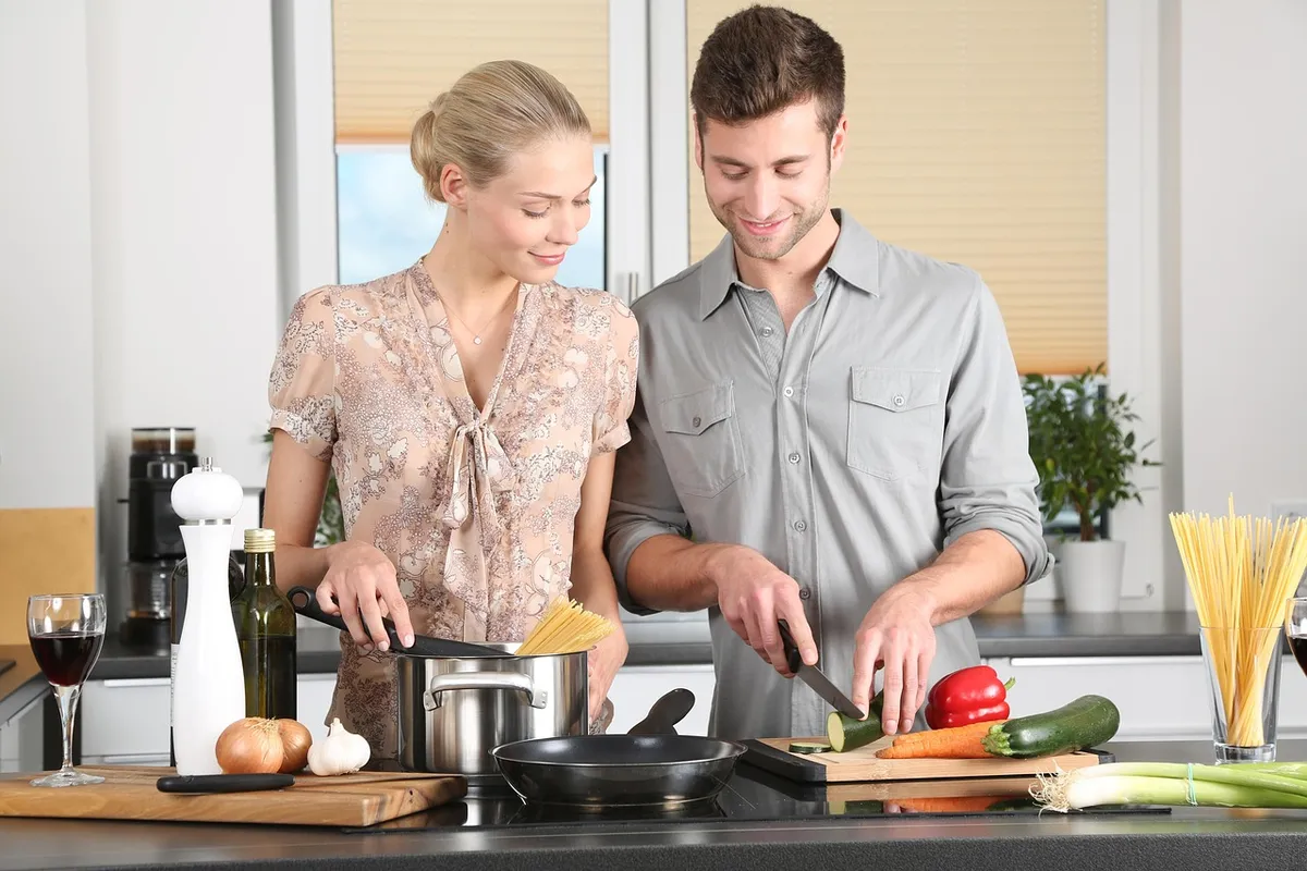 happy valentines day, woman, man, kitchen, food preparation, couple, relationship, together, cooking, pair, cutting, chopping, everyday life, blonde, cutting bo