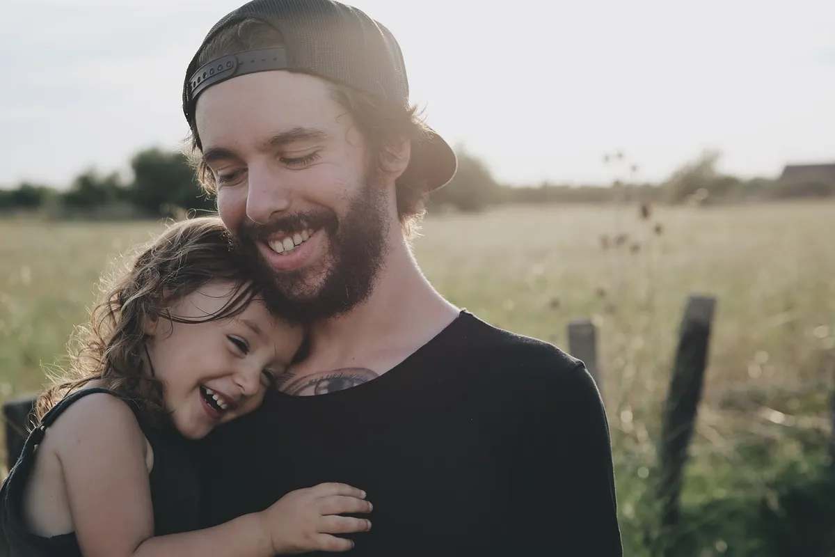 people, father, daughter, smile, happy, hug, carry, love, field, beard, cap, child, outdoors, countryside, happiness, fathers day, people, father, father, fathe