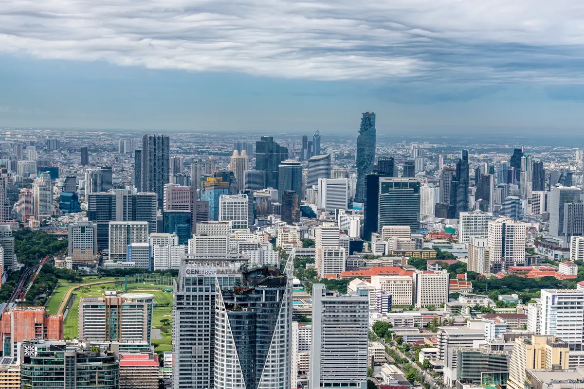 Stunning aerial view of Bangkok's modern skyline with King Power Mahanakhon.