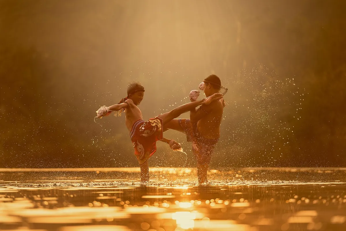 children, river, attack, martial arts, boxing, nature, boys, exercise, kick, kickboxing, fighting, thai boxing, splash, sports, asia, thailand, training, water